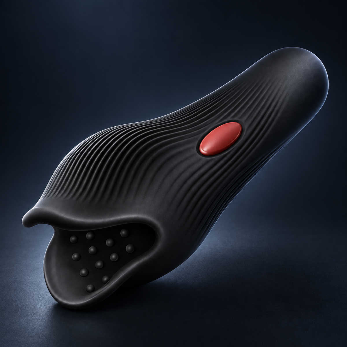 KEEPHOUR ADVANCED on a navy background, showing its ribbed body, red detail and open cup.