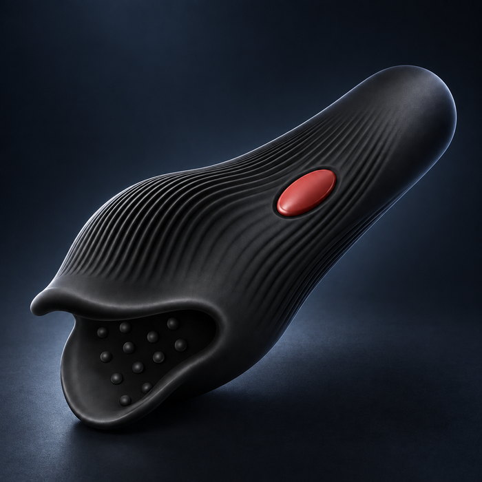 KEEPHOUR ADVANCED on a navy background, showing its ribbed body, red detail and open cup.
