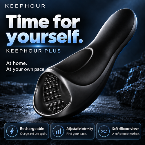KEEPHOUR PLUS rechargeable male masturbator shown on a blue background, with adjustable intensity and a soft silicone sleeve.