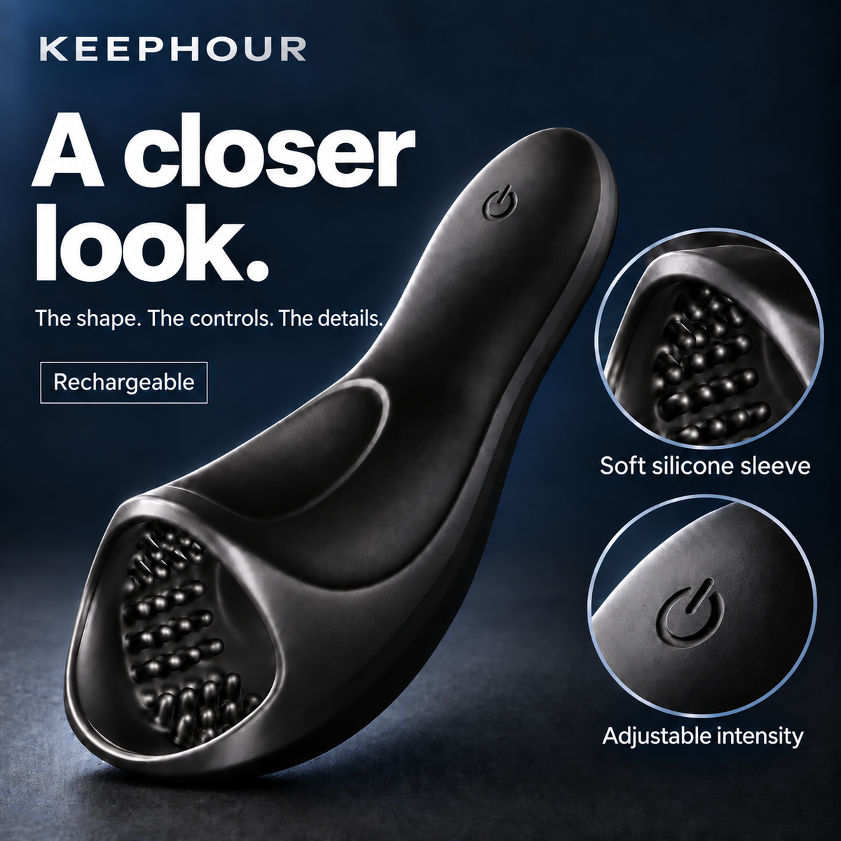 Close-up of the KEEPHOUR PLUS silicone sleeve, intensity controls and rechargeable design.