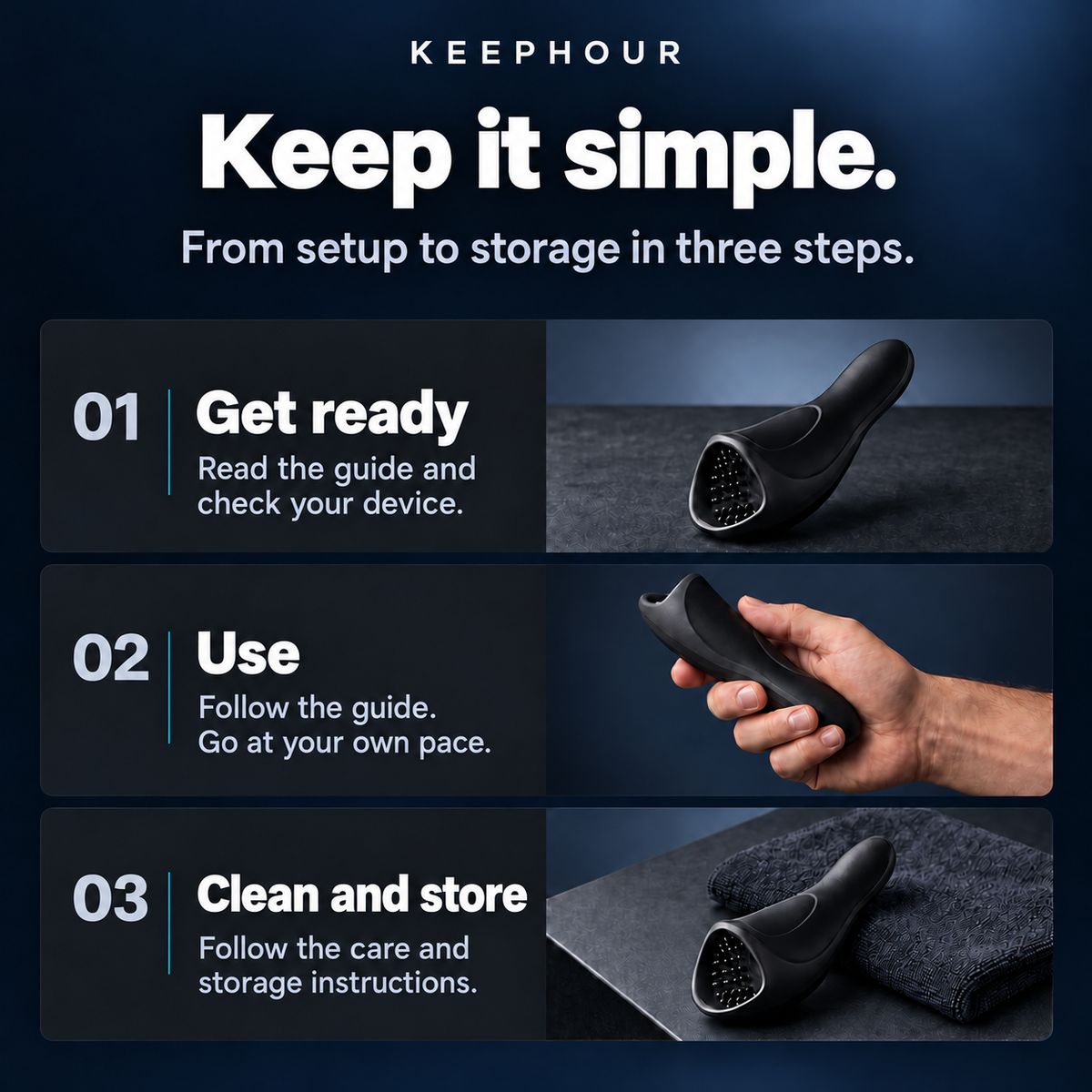 Three illustrated steps for preparing, using, cleaning and storing KEEPHOUR PLUS.