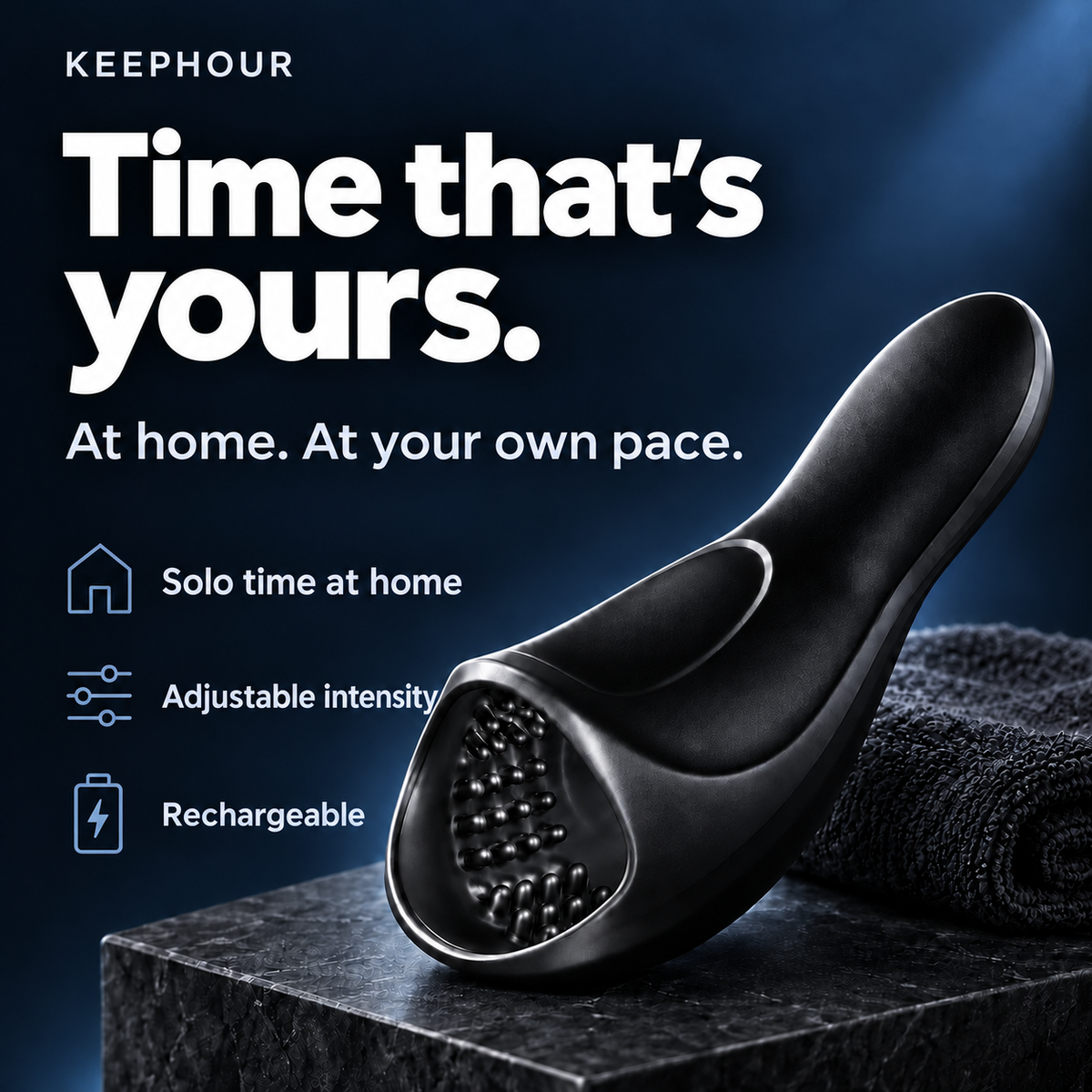 KEEPHOUR PLUS on a stone counter beside a black towel, showing its rechargeable design and adjustable intensity.