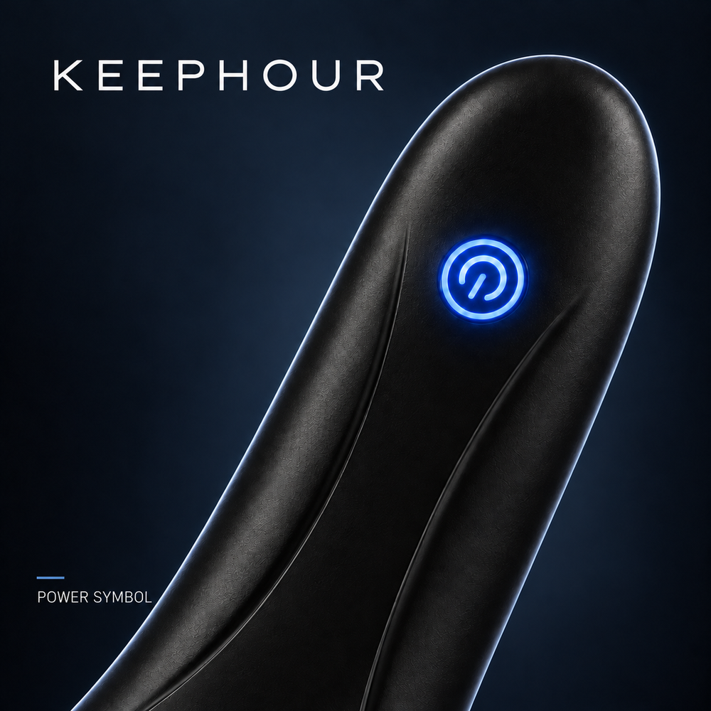 Close-up of the blue power symbol on KEEPHOUR PRO.